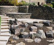 Terraced walling, paving and rockery making a stage for our small tree motif. A lovely place to relax. Where did that dog come from?