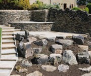 Terraced walling, paving and rockery making a stage for our small tree motif. A lovely place to relax. Where did that dog come from?